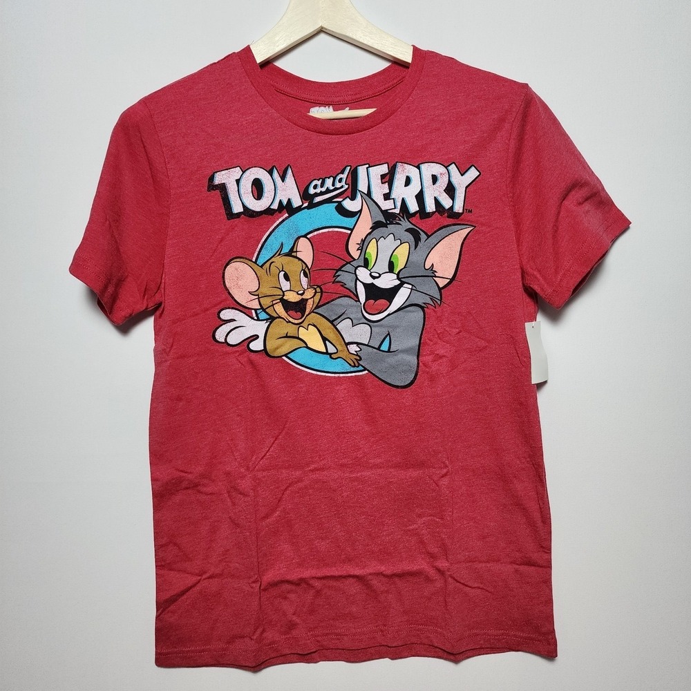 Tom and Jerry Graphic Character Print Red Heather T-Shirt Size Medium